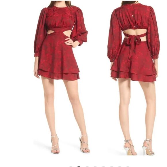 RAHI Flora Cutout Mini Dress Medium Large 
Red Floral Long Sleeves - Picture 2 of 8